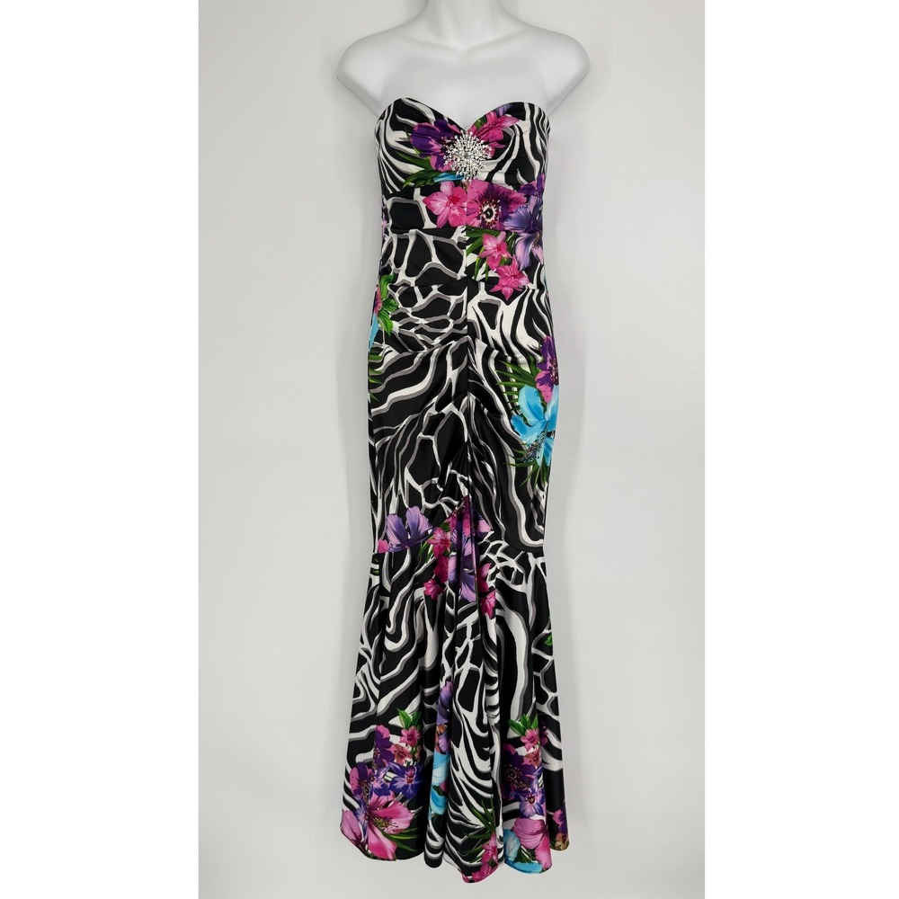 Cache Strapless Floral Zebra Mermaid Gown Size 2 Black Vintage Y2K Prom Party